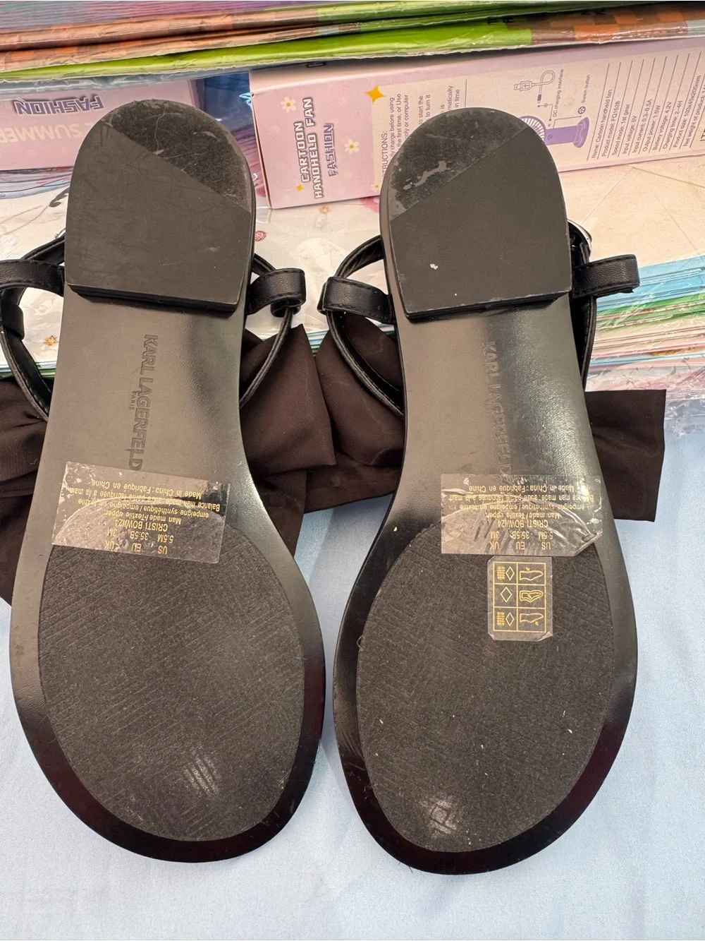 Karl Lagerfeld Black Bow Thong Sandals with Stud Detail